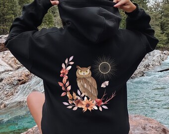 Boho Owl Hoodie, Botanical Forestcore Hoodie, Woodland Floral Pullover, Magical Forest, Fairycore, Cottagecore Hoodie, Celestial Owl Hoodie