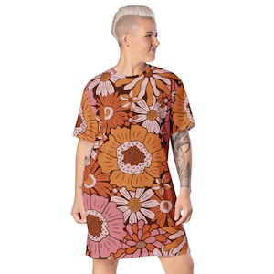 Retro T-shirt Dress, Flower Dress, Hippie T-Shirt Dress, Flower Power, Flower Pattern Dress, Floral Print, 60s, 70s, Festival Dress, Boho