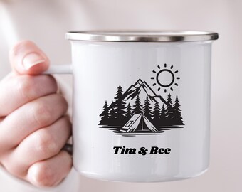 Taza de camping personalizada para parejas: taza de viaje esmaltada personalizada