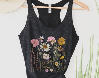 Wildflowers Racerback Tank Top, Pressed Flowers Tank, Boho Vintage Floral Tank Top, Boho Festival Tank, Cottagecore Tank, Fairycore Tank