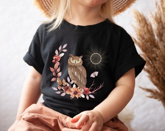 Camicia per bambini Boho Owl, Camicia per bambini Gufo, Camicia per bambini celestiali autunnali, Maglietta per bambini Boho Fall Nature, Maglietta per bambini con animali della foresta