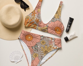 Retro blommig bikini, återvunnen bikini med hög midja, hippie boho bikini, 70-tals retro bikini, vintage blommig bikini, hippie festivalbikini
