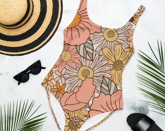 RETRO HIPPIE FLORAL One-piece Swimsuit, Boho Flowers Morris Style