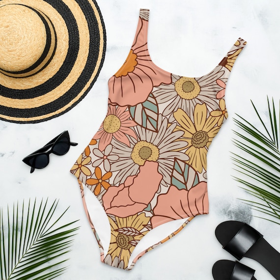 Retro Hippie One-Piece Swimsuit, Vintage Floral Swimwear, 70s Retro Swimsuit, Boho Beachwear, Boho Festival Clothing, Hippie Floral Swimsuit