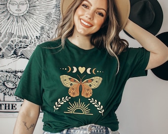 Camiseta Boho Butterfly: Luna Celestial, Camiseta Naturaleza Cottagecore
