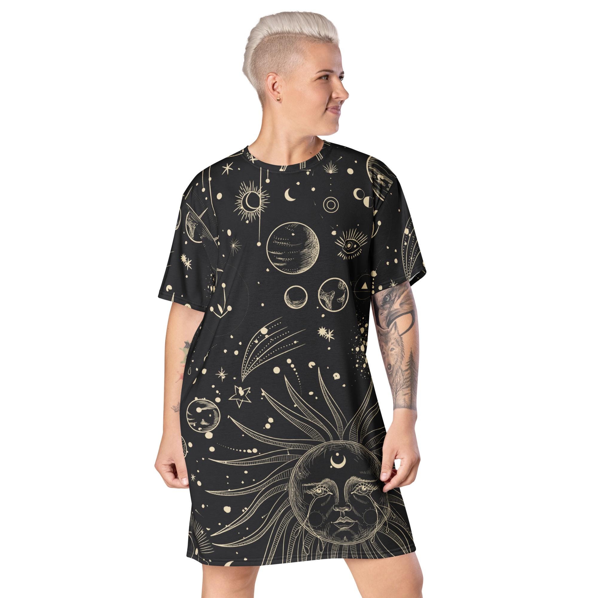 Celestial T-shirt Dress, Cosmic Dress, Sun Moon Dress, Witchy Pagan Occult  Clothing, Dark Academia, Astrological, Festival Clothing