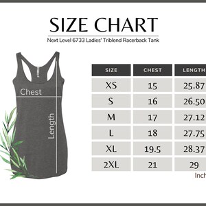 May include: Size chart for a racerback tank top. The chart shows the chest and length measurements in inches for sizes XS to 2XL.