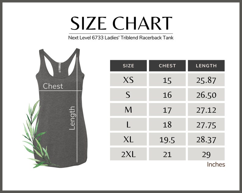 May include: Size chart for a racerback tank top. The chart shows the chest and length measurements in inches for sizes XS to 2XL.