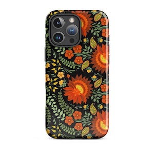 May include: Black smartphone case with a vibrant floral pattern. The design features large orange and yellow flowers, smaller orange blossoms, and green leaves and vines. The case has a glossy finish.