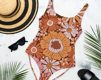 Retro hippie baddräkt i ett stycke, retroblommiga badkläder, 70-tals retro baddräkt, bohemiska strandkläder, bohemiska festivalkläder, hippieblommig baddräkt