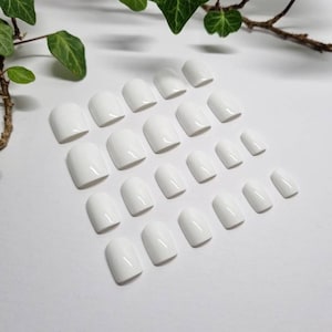 May include: A set of 24 white oval-shaped false nails arranged in rows on a white surface.