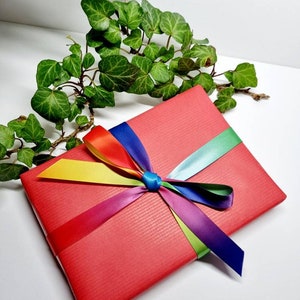 May include: A red gift box with a rainbow ribbon tied in a bow. The ribbon is made of multiple colors, including red, orange, yellow, green, blue, indigo, and violet.