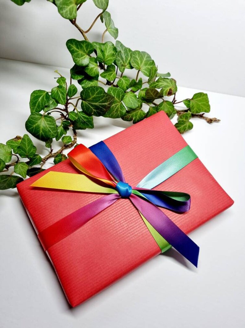 May include: A red gift box with a rainbow ribbon tied in a bow. The ribbon is made of multiple colors, including red, orange, yellow, green, blue, indigo, and violet.