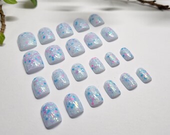 Blue Confetti Press On Nails, Full Set 0f 22