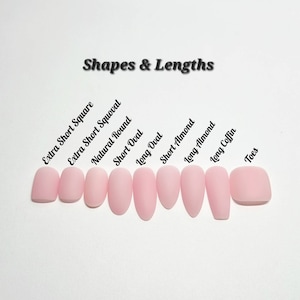 May include: A row of ten pink artificial nails in different shapes and lengths, labeled with their names: Extra Short Square, Extra Short Squoval, Natural Round, Short Oval, Long Oval, Short Almond, Long Almond, Long Coffin, and Toes.  Shapes & Lengths is written at the top of the image.