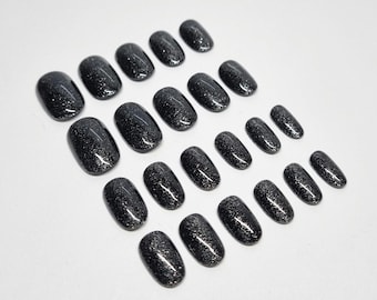 Zwarte glitter plaknagels, natuurlijke ronde complete set