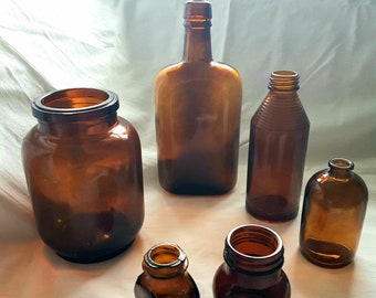 Various Vintage Amber Glass Jars and Bottles. New item added!