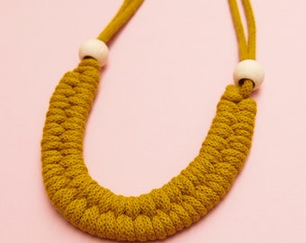 Soft Sustainable Jewellery / Spicy Yellow Woven Chunky Necklace / Cotton Cord Knotted Rope Necklaces / Macramé. Statement Jewellery