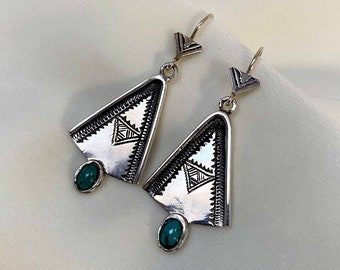 Boucles d'oreilles Touareg gouttes en argent massif et turquoise