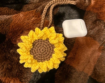 Crochet Sunflower Bag Charm: Handmade Coin Keychain, AirPods Case