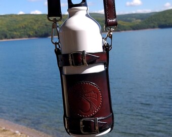 Harness Leather Bottle Carrier with Shoulder Strap, Leather Bottle Holder with Crossbody Strap, Leather Bottle Holder, Water Bottle Holder