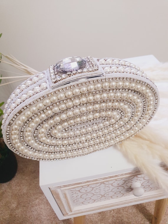 Pearl Clutch Bag with Silver Diamantes