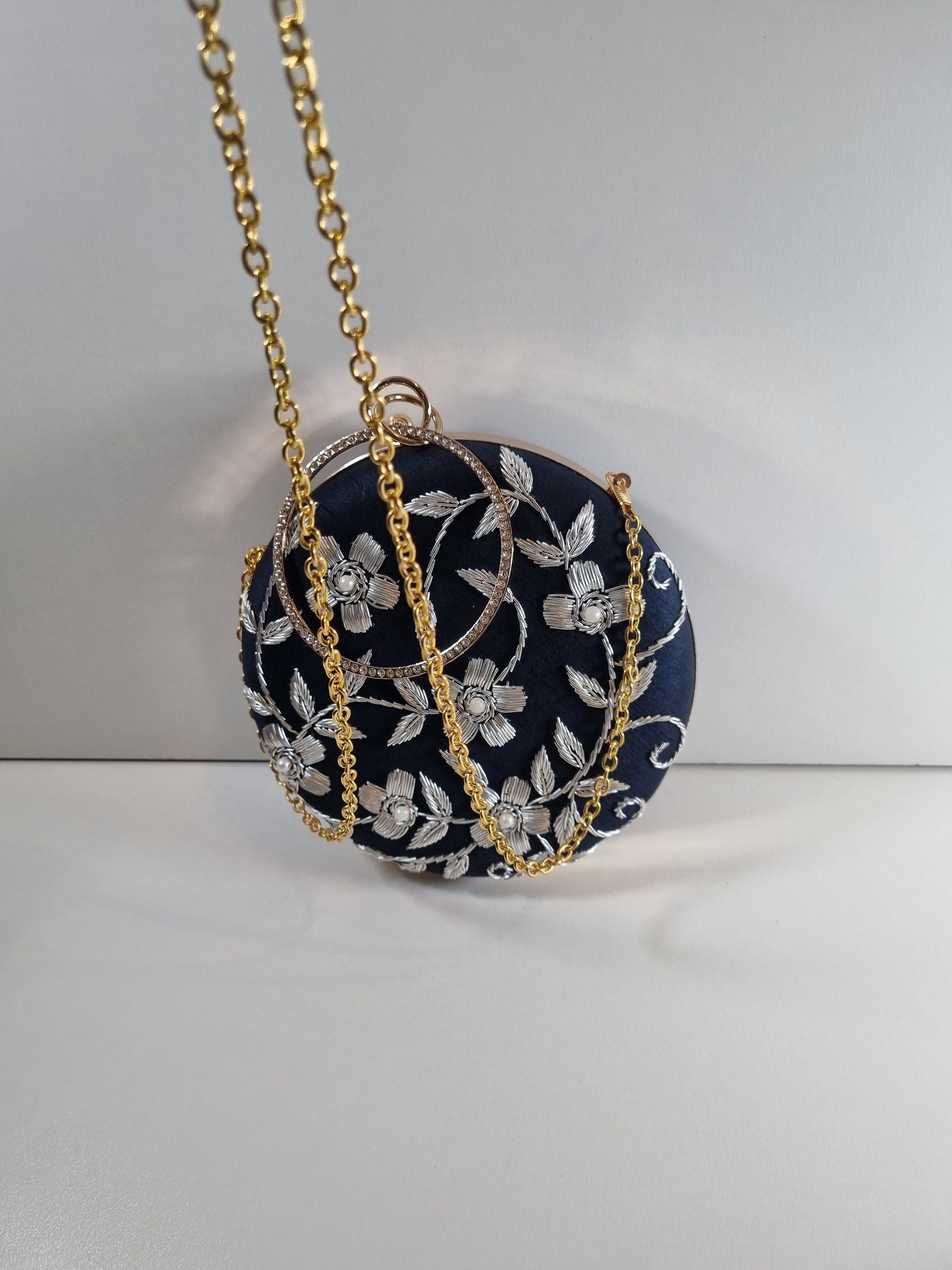 Navy Blue Round Clutch Purse Collection With Silver Embroidery Gold Casing and Chain. Etsy UK