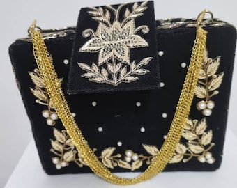 Black velvet and floral clutch purse