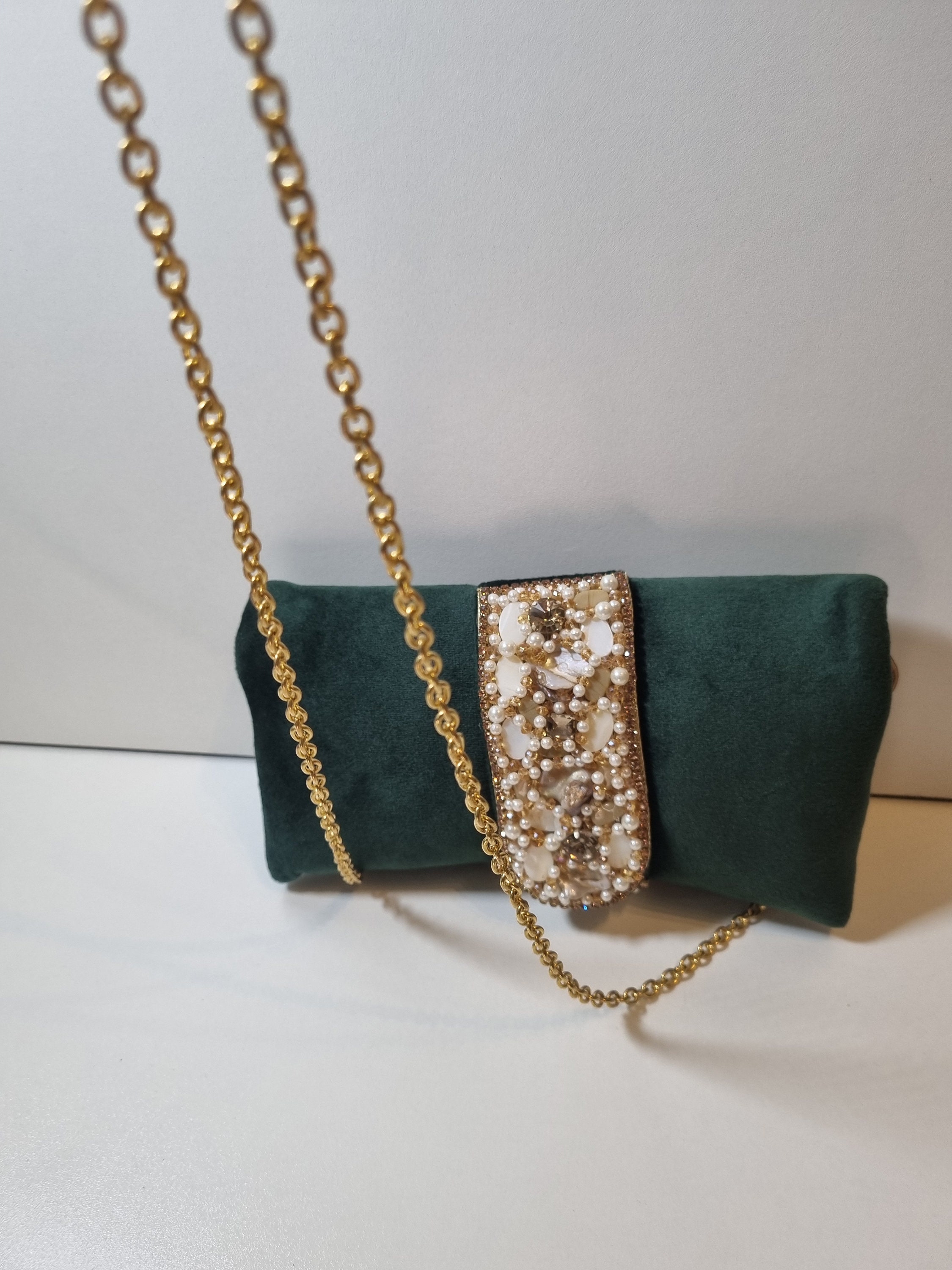Unique make up bag -beautiful forest green velvet. Available in two colours. Can be used as a handbag with a detachable chain.