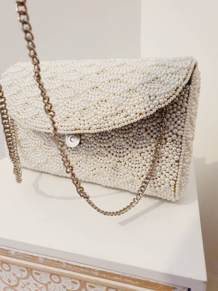 Silver Pearl Rhinestones Evening Clutch Bag Wedding Chain Handbags