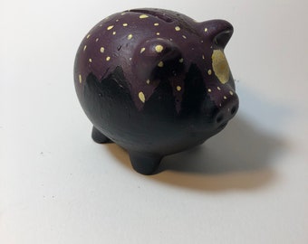 OOAK Mini hand  painted piggy bank with dragon and moon over a forest