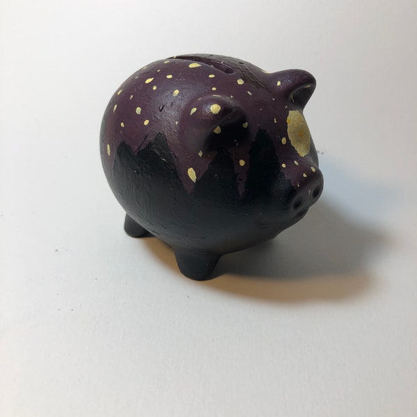 OOAK Mini hand  painted piggy bank with dragon and moon over a forest