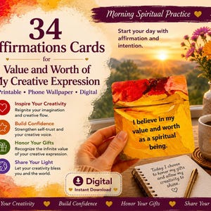 May include: A set of 34 affirmation cards for creative expression featuring text that reads: 34 Affirmations Cards for Value and Worth of My Creative Expression, Morning Spiritual Practice, and I believe in my value and worth as a spiritual being.