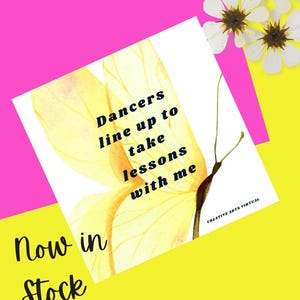 May include: A yellow butterfly with the text "Dancers line up to take lessons with me" and the text "Creative Arts Virtual" in the bottom right corner. The image is on a pink and yellow background.