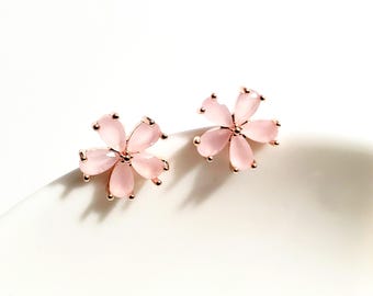 Cute Pink Flower + Flowers Drop Earrings/Stone Earrings/ Rose Gold Earrings/Daisy Earrings/ Bridesmaid Gift/18K Gold Plated/Long Earrings