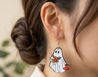 Ghost Halloween Drop Earrings/ Spooky Floral Dangle Earrings/ Halloween Drop Dangle Earrings/Halloween Jewelry/Halloween Gift