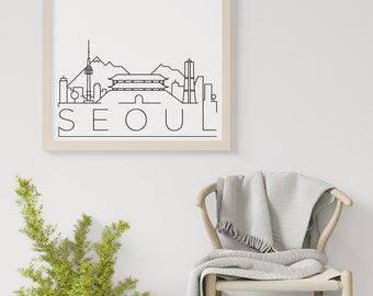 Seoul Skyline Printable Poster, Home Decor, Simple Print, Home Wall Art, Black and White, Digital Download, Skyline Print, South Korea