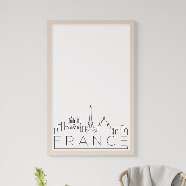 France Skyline Printable Poster, Home Decor, Simple Print, Home Wall Art, Black and White, Digital Download, Skyline Print, Paris