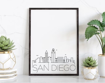 San Diego Skyline Printable Poster, Home Decor, Simple Print, Home Wall Art, Black and White, Digital Download, Skyline Print, California