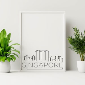 Afdrukbare poster skyline Singapore, woondecoratie, eenvoudige print, kunst aan de muur huis, zwart-wit, digitale download, skyline print