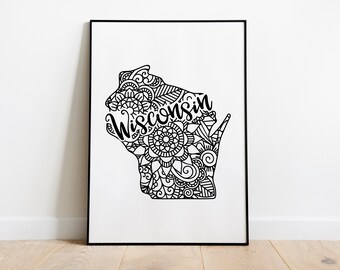 Wisconsin Mandala Printable Poster, Wisconsin Decor, Wisconsin Print, WI Wall Art, State Outline, State Print, Home Decor, *Digital Download