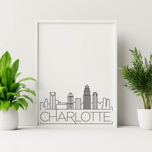 Charlotte Skyline Printable Poster, Home Decor, Simple Print, Home Wall Art, Carolina, Black and White, Digital Download, Skyline Print