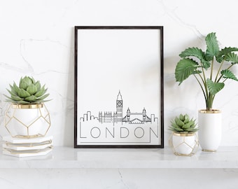 London Skyline Printable Poster, Home Decor, Simple Print, Home Wall Art, Black and White, Digital Download, Skyline Print, England, UK
