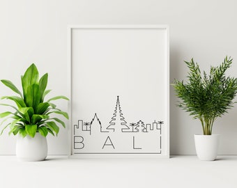 Bali Skyline Printable Poster, Home Decor, Simple Print, Home Wall Art, Indonésie, Noir et Blanc, Téléchargement numérique, Skyline Print