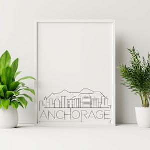 Anchorage Skyline Printable Poster, Home Decor, Simple Print, Home Wall Art, Alaska, Black and White, Digital Download, Skyline Print