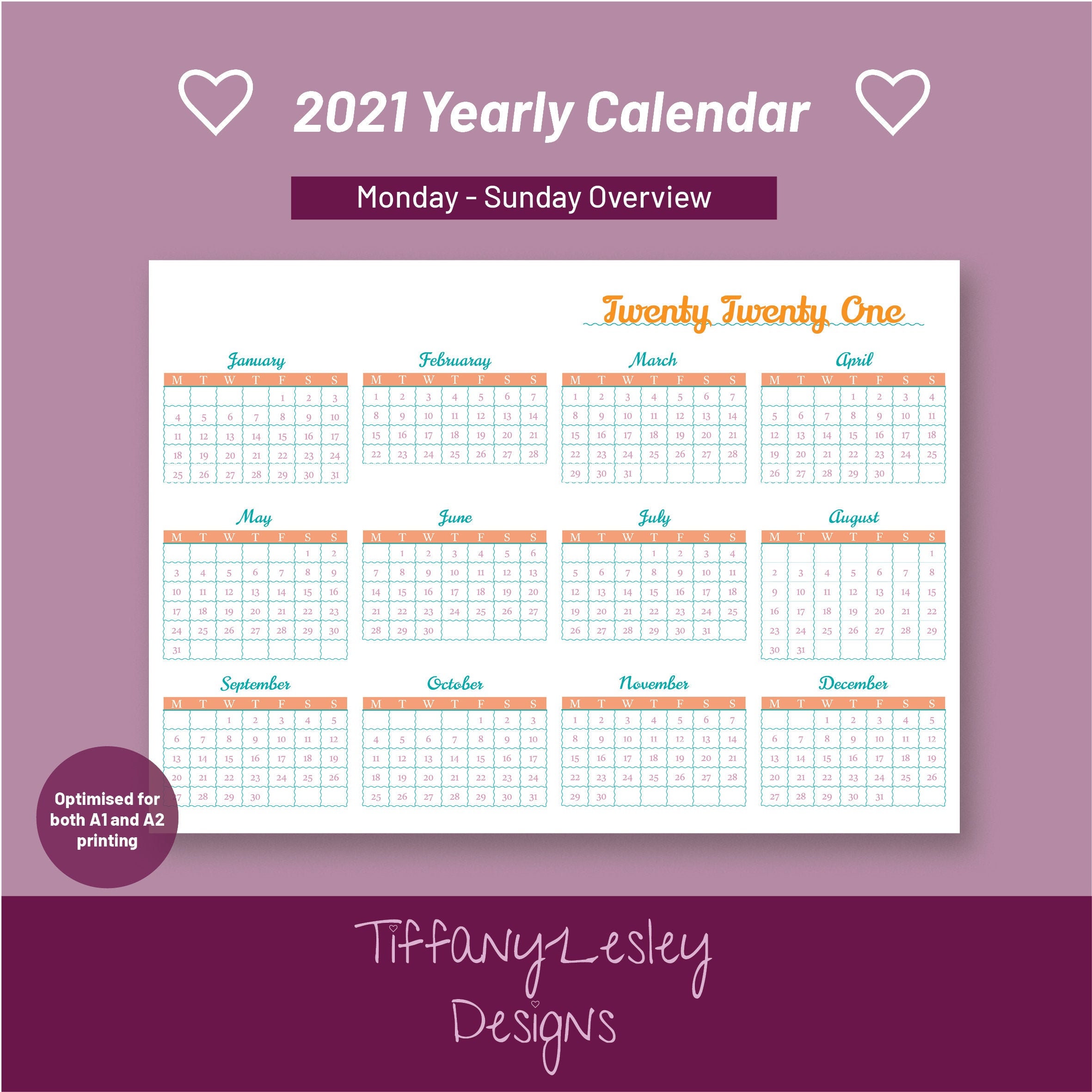 Monday to Sunday Yearly Overview Calendar. Office Calendar Etsy