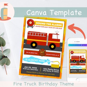 May include: A printable birthday invitation template featuring a red fire truck with a yellow ladder and a yellow hose. The text on the invitation reads "Sound the alarm! And grab your gear" and "[Name's] 2nd Birthday is almost here".