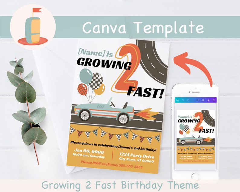 Second Birthday Boy Printable Invitation Growing 2 Fast Canva Template Growing Two Fast Race Car Birthday Party Cars Birthday
