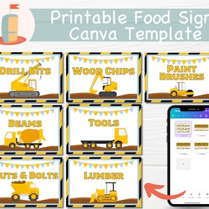 May include: Printable food signs for a construction themed party. The signs are yellow and black with blue and white accents. The signs say "Drill Bits", "Wood Chips", "Paint Brushes", "Beams", "Tools", "Nuts & Bolts", and "Lumber".