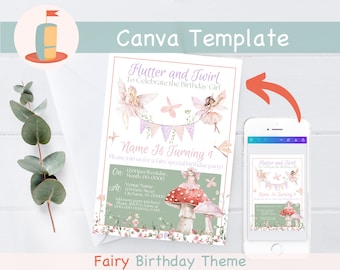 Fairy First Birthday Invitation: Garden Party Canva Template (Printable)
